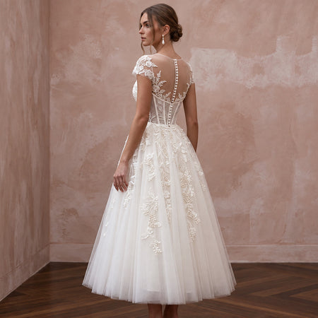 Ivory Tulle Corset Bodice Tea - Length Dress for 1950s Themed Reception - Apparel & Accessories > Clothing > Wedding & Bridal Party Dresses > Wedding Dresses - Mignonette Bridal