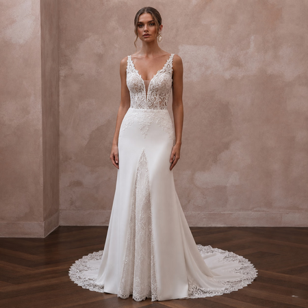 Ivory Wedding Dresses with Chantilly Lace Details - Apparel & Accessories > Clothing > Wedding & Bridal Party Dresses > Wedding Dresses - Mignonette Bridal