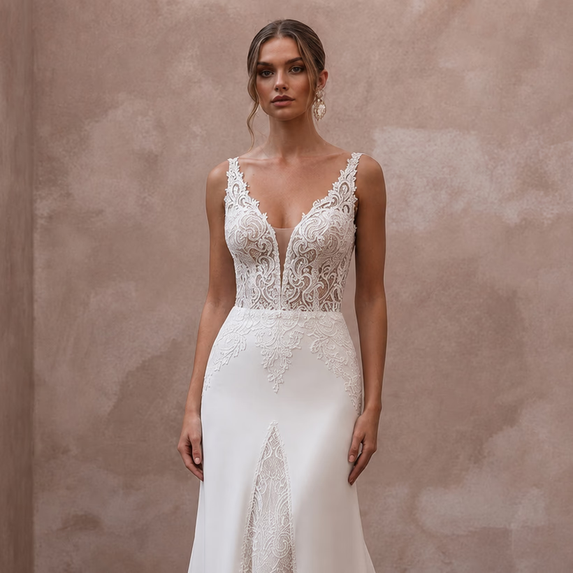 Ivory Wedding Dresses with Chantilly Lace Details - Apparel & Accessories > Clothing > Wedding & Bridal Party Dresses > Wedding Dresses - Mignonette Bridal