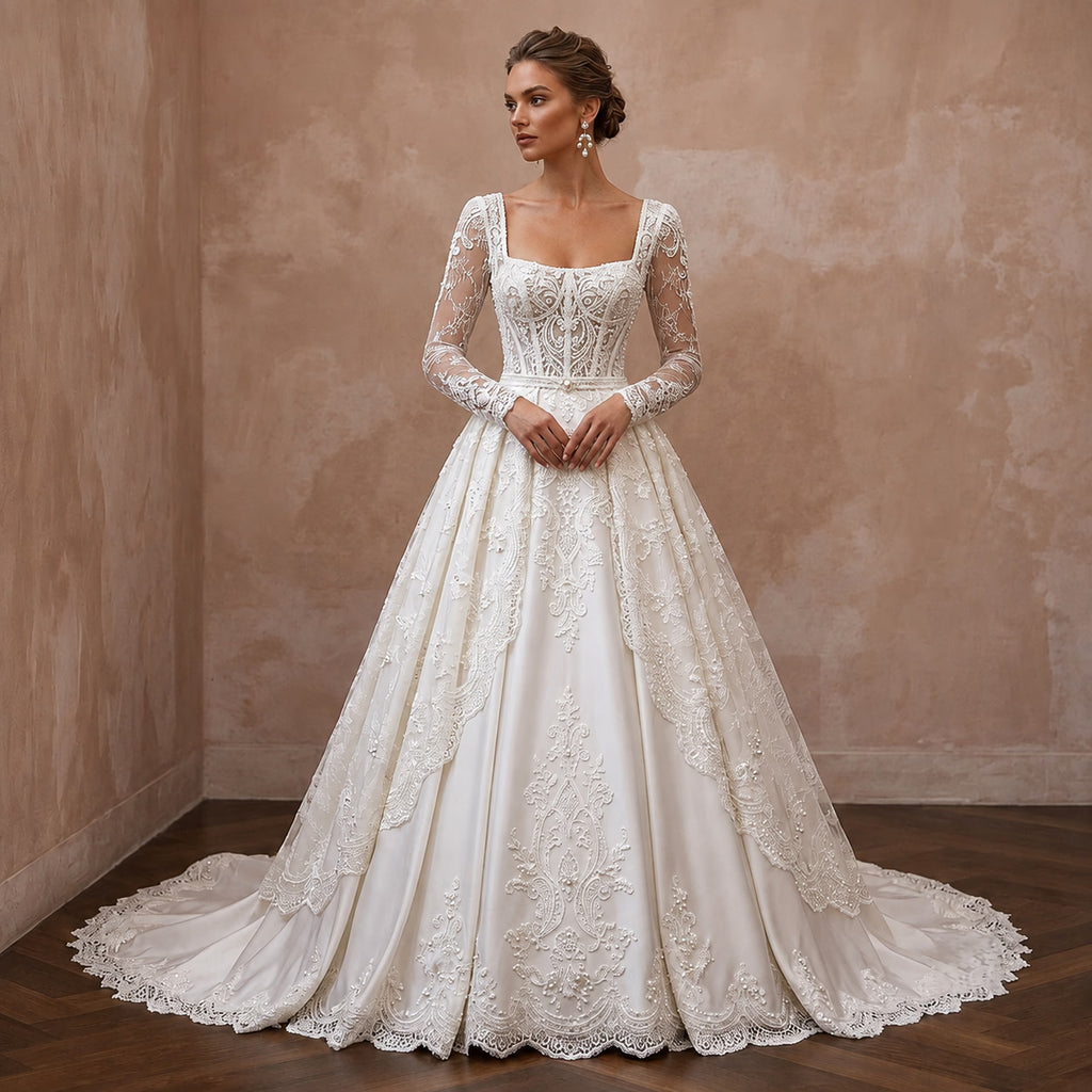 Ivory Wedding Dresses with Timeless French Lace - Apparel & Accessories > Clothing > Wedding & Bridal Party Dresses > Wedding Dresses - Mignonette Bridal