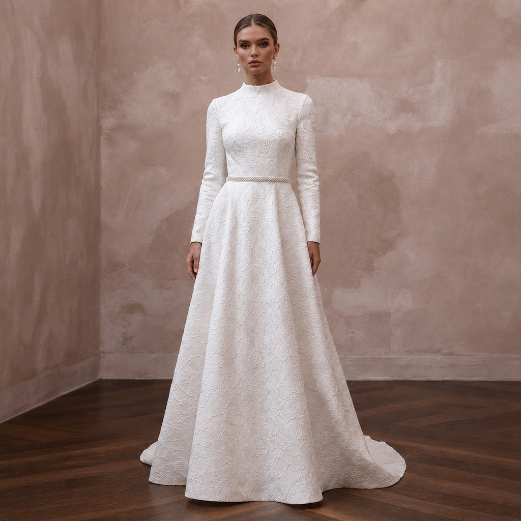 Jacquard Bridal Dresses with Elegant Floral Textures - Apparel & Accessories > Clothing > Wedding & Bridal Party Dresses > Wedding Dresses - Mignonette
