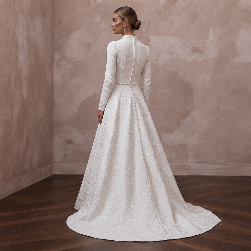 Jacquard Bridal Dresses with Elegant Floral Textures - Apparel & Accessories > Clothing > Wedding & Bridal Party Dresses > Wedding Dresses - Mignonette