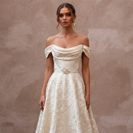 Jacquard Bridal Gowns with Floral Woven Textures - Apparel & Accessories > Clothing > Wedding & Bridal Party Dresses > Wedding Dresses - Mignonette Bridal