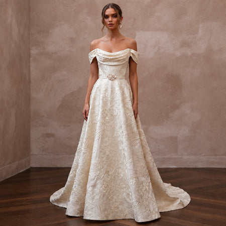 Jacquard Bridal Gowns with Floral Woven Textures - Apparel & Accessories > Clothing > Wedding & Bridal Party Dresses > Wedding Dresses - Mignonette Bridal