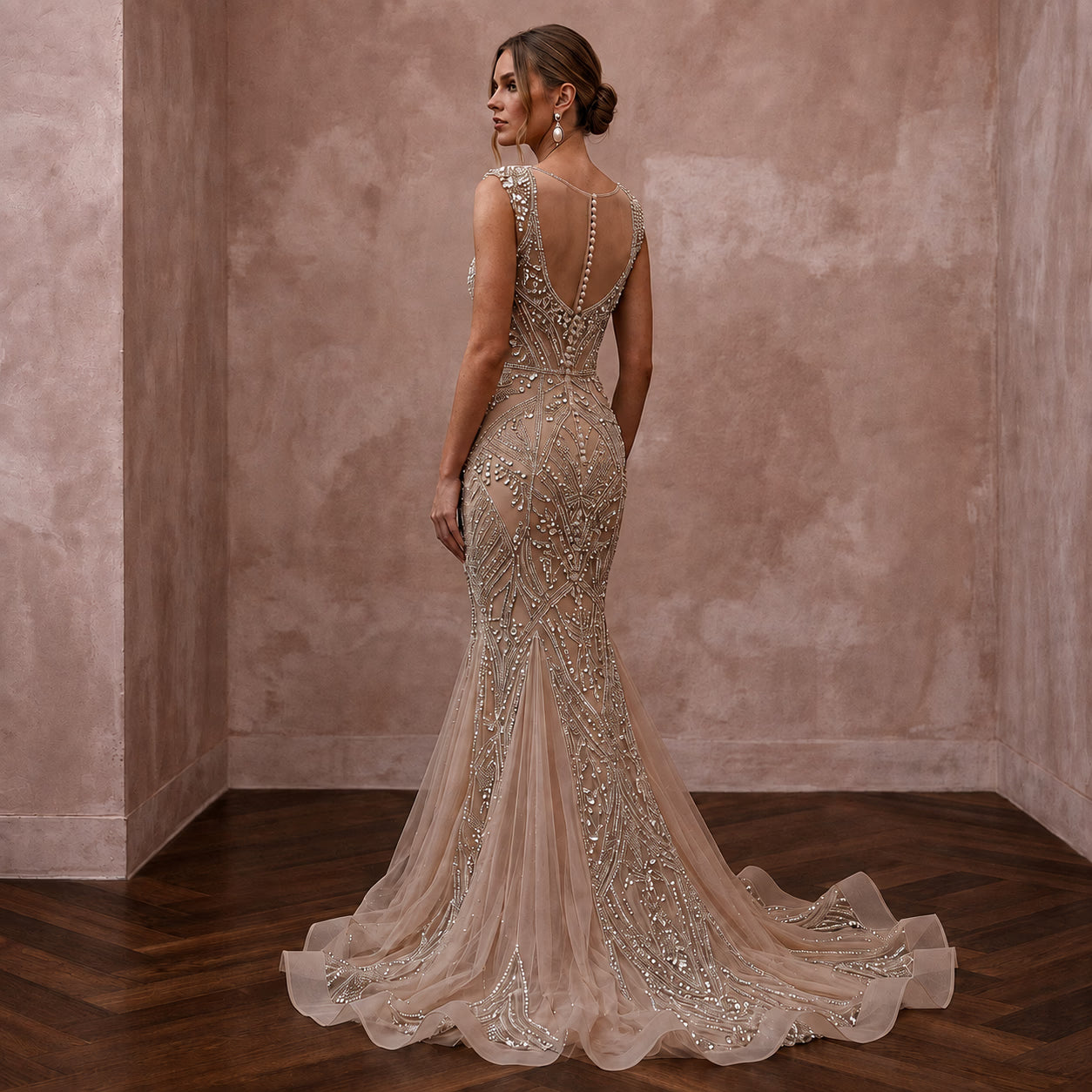 Jewel-Encrusted Nude Mesh Mermaid Wedding Dress for Anniversary Gala Secondary image