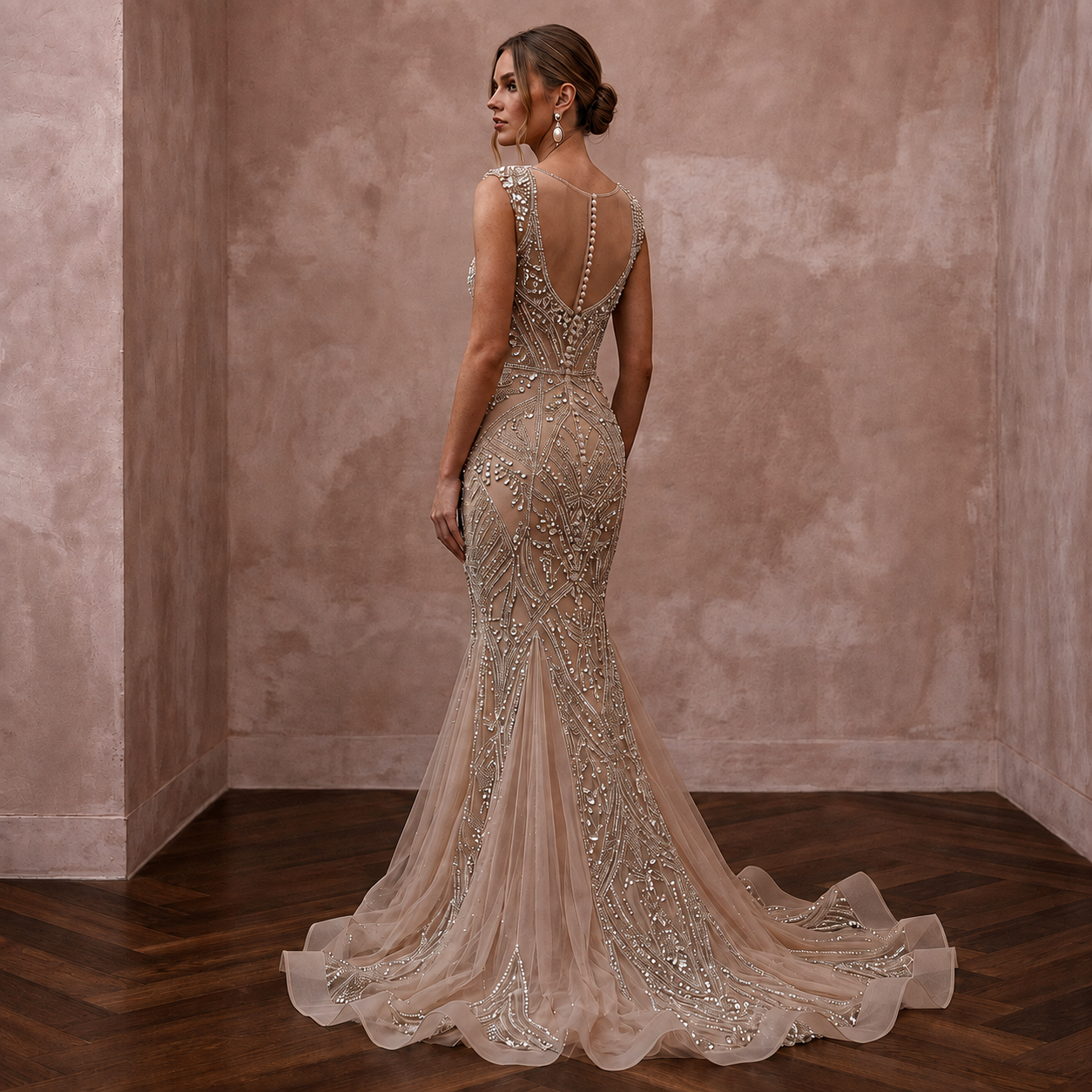 Jewel-Encrusted Nude Mesh Mermaid Wedding Dress for Anniversary Gala Secondary image