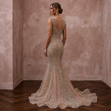 Jewel-Encrusted Nude Mesh Mermaid Wedding Dress for Anniversary Gala