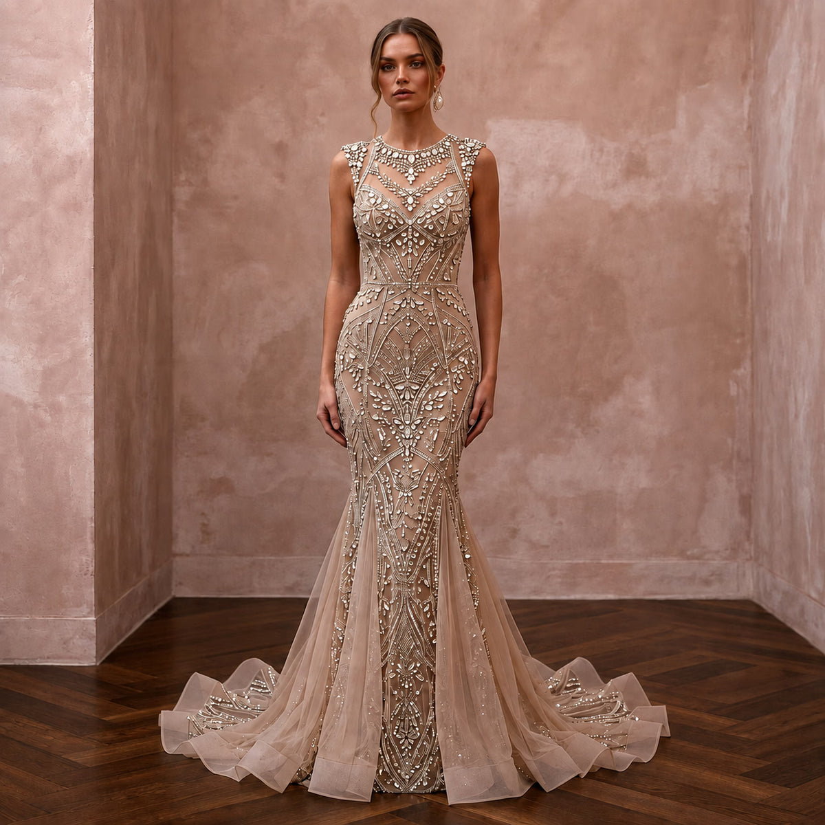 Jewel - Encrusted Nude Mesh Mermaid Wedding Dress for Anniversary Gala - Apparel & Accessories > Clothing > Wedding & Bridal Party Dresses > Wedding Dresses - Mignonette Bridal Main image