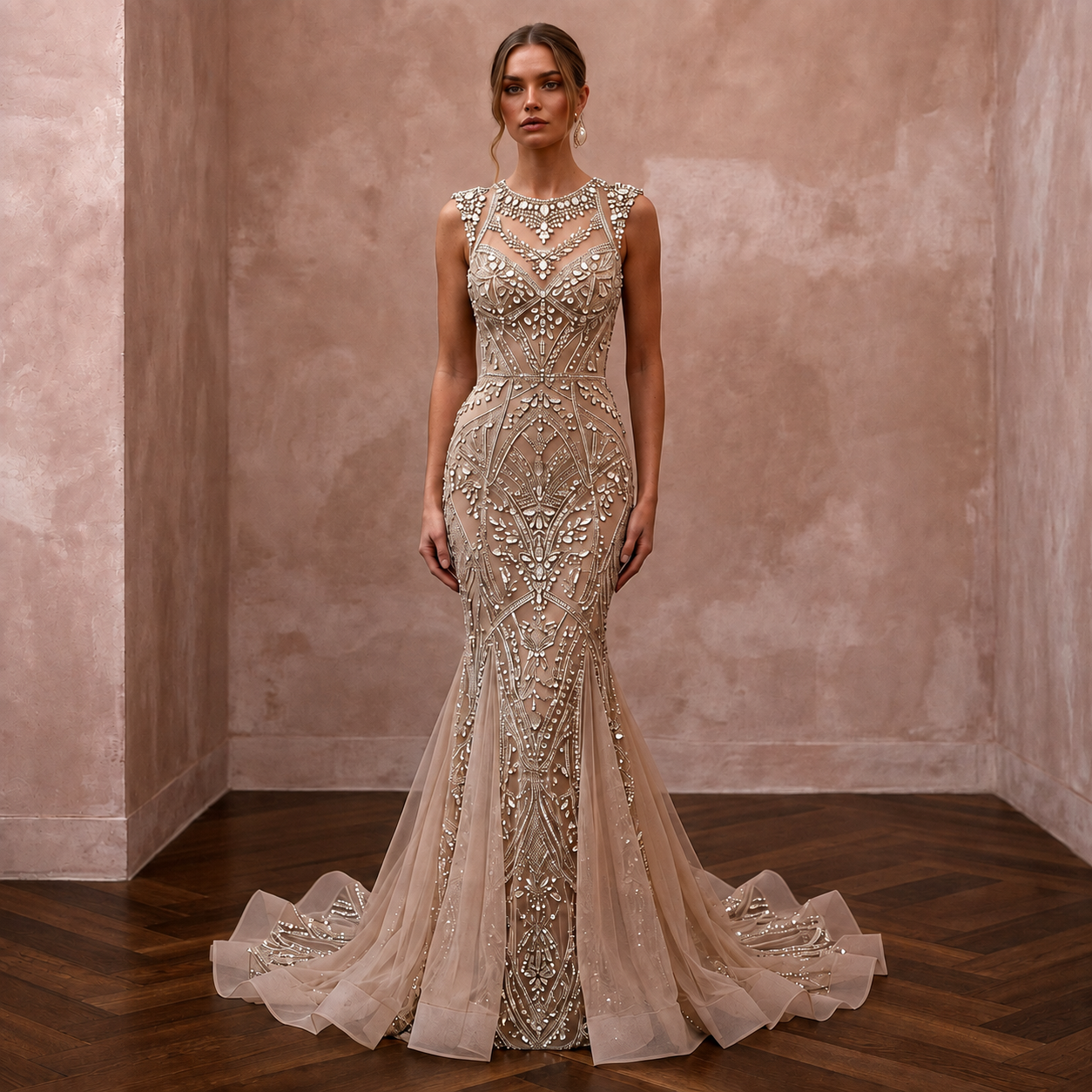 Jewel-Encrusted Nude Mesh Mermaid Wedding Dress for Anniversary Gala Main image