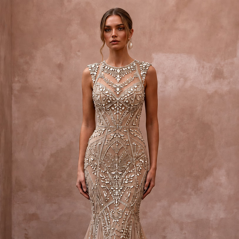 Jewel - Encrusted Nude Mesh Mermaid Wedding Dress for Anniversary Gala - Apparel & Accessories > Clothing > Wedding & Bridal Party Dresses > Wedding Dresses - Mignonette Bridal