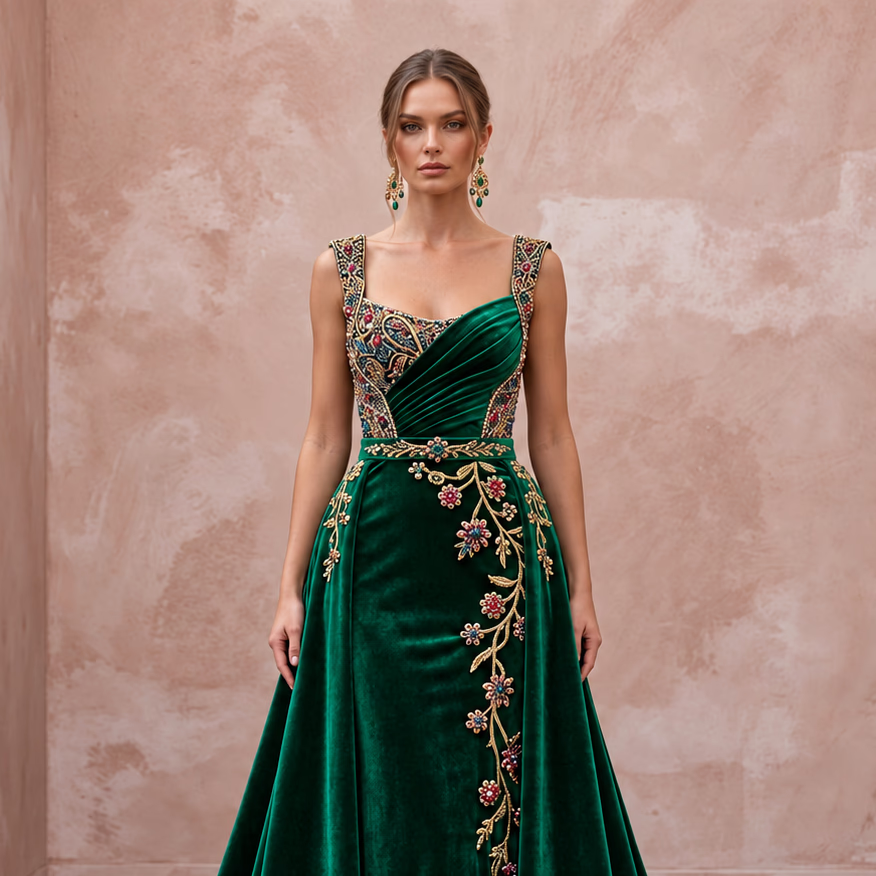 Jewel-Toned Emerald Green Velvet Bridal Gown for Themed Vow Renewal