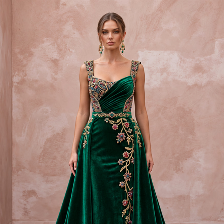 Jewel-Toned Emerald Green Velvet Bridal Gown for Themed Vow Renewal
