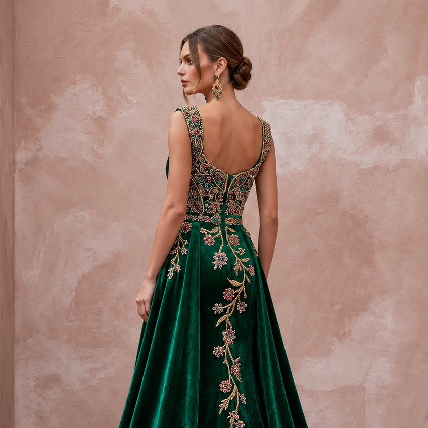 Jewel-Toned Emerald Green Velvet Bridal Gown for Themed Vow Renewal