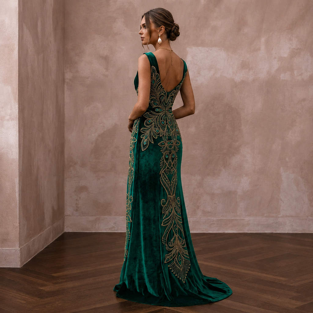 Jewel-Toned Emerald Green Velvet Dress for Themed Vow Renewal