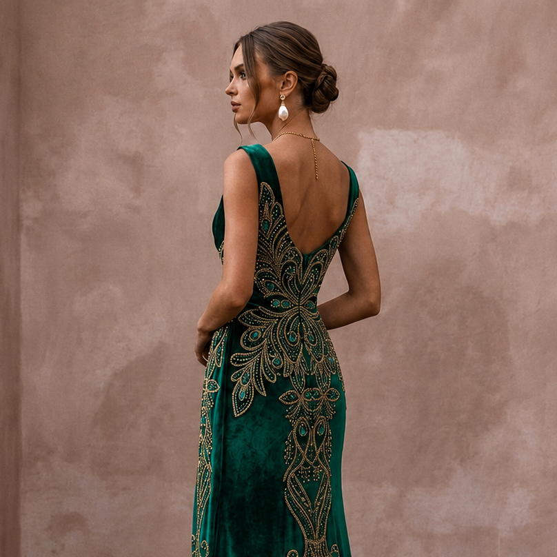 Jewel-Toned Emerald Green Velvet Dress for Themed Vow Renewal