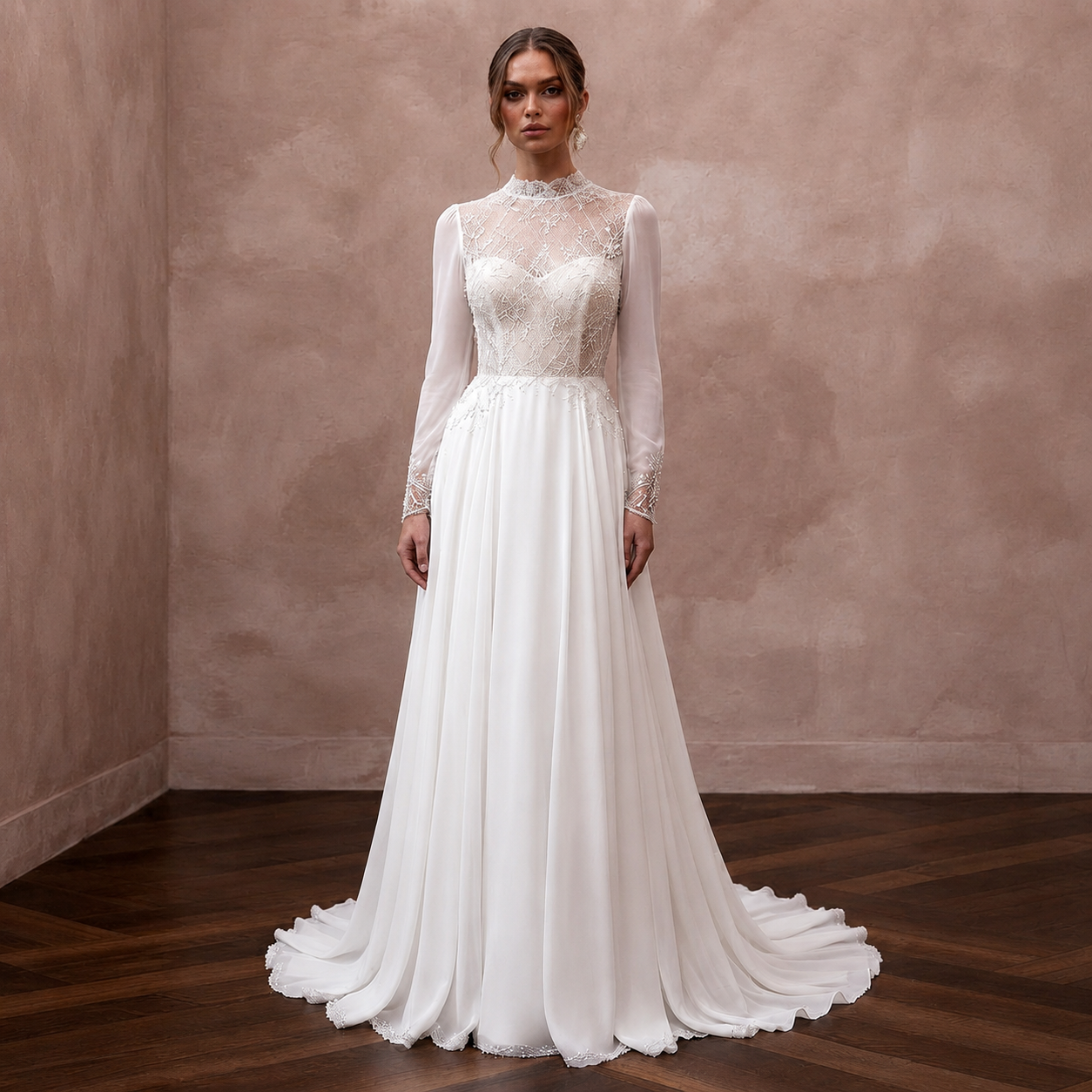 Jewel Neck Chiffon Bridal Gown for a Modest Wedding - Apparel & Accessories > Clothing > Wedding & Bridal Party Dresses > Wedding Dresses - Mignonette Bridal Main image