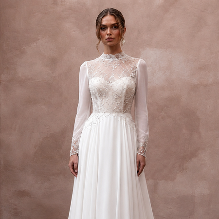 Jewel Neck Chiffon Bridal Gown for a Modest Wedding - Apparel & Accessories > Clothing > Wedding & Bridal Party Dresses > Wedding Dresses - Mignonette Bridal