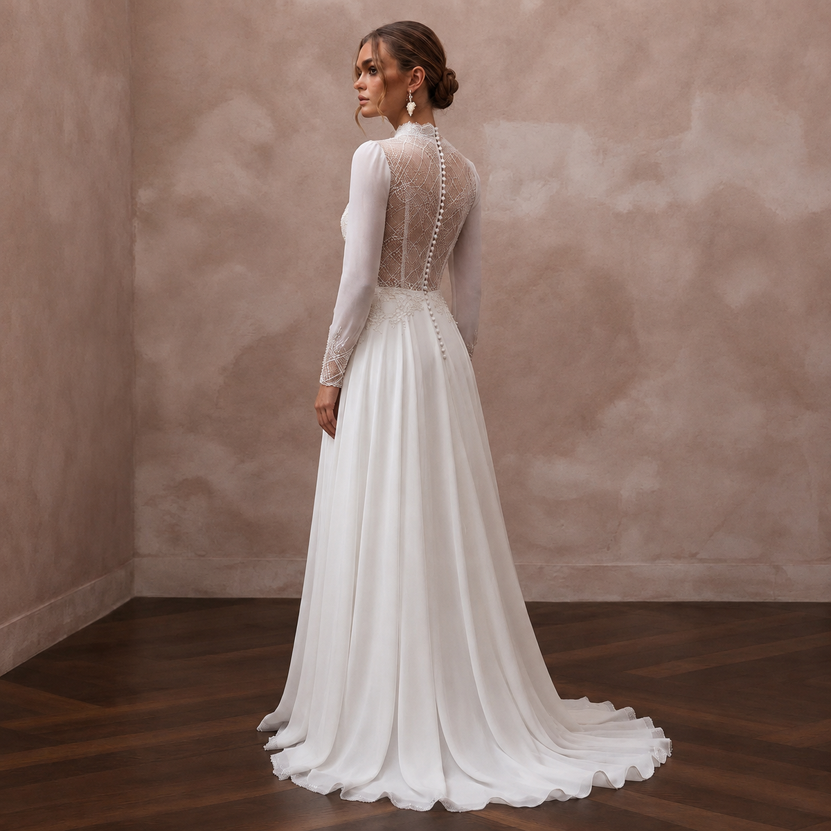 Jewel Neck Chiffon Bridal Gown for a Modest Wedding - Apparel & Accessories > Clothing > Wedding & Bridal Party Dresses > Wedding Dresses - Mignonette Bridal