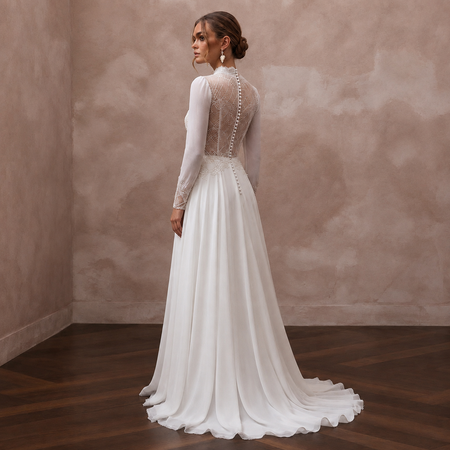 Jewel Neck Chiffon Bridal Gown for a Modest Wedding - Apparel & Accessories > Clothing > Wedding & Bridal Party Dresses > Wedding Dresses - Mignonette Bridal