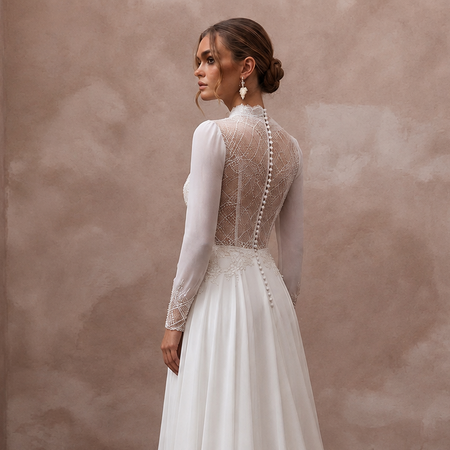 Jewel Neck Chiffon Bridal Gown for a Modest Wedding - Apparel & Accessories > Clothing > Wedding & Bridal Party Dresses > Wedding Dresses - Mignonette Bridal