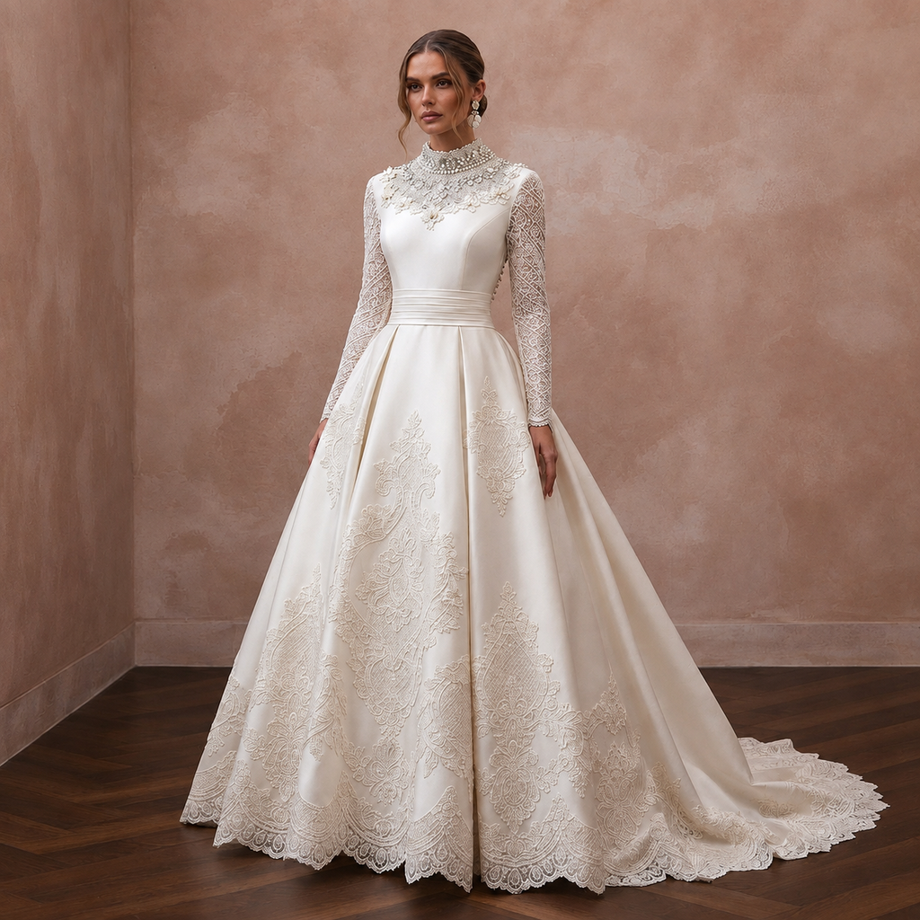 Jewel Neck Lace Bridal Dress for a Traditional Wedding - Apparel & Accessories > Clothing > Wedding & Bridal Party Dresses > Wedding Dresses - Mignonette Bridal