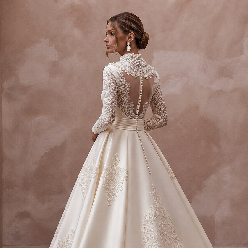Jewel Neck Lace Bridal Dress for a Traditional Wedding - Apparel & Accessories > Clothing > Wedding & Bridal Party Dresses > Wedding Dresses - Mignonette Bridal