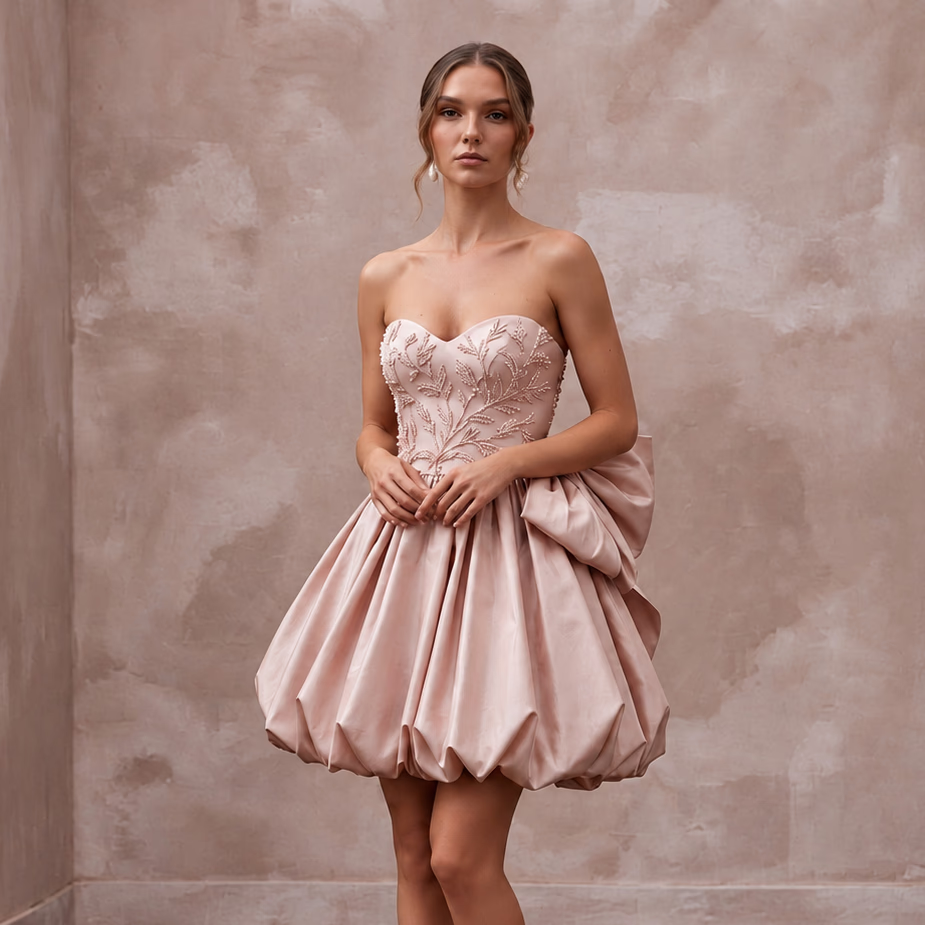 Joyful Blush Silk Taffeta Bubble Mini Wedding Dress for Surprise Reception