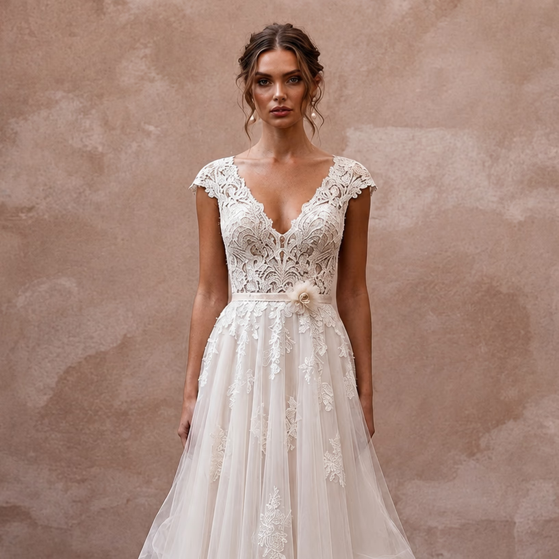 Lace Barn Wedding Dress with V - Neck and Flowing A - Line Skirt - Apparel & Accessories > Clothing > Wedding & Bridal Party Dresses > Wedding Dresses - Mignonette Bridal