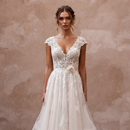 Lace Barn Wedding Dress with V - Neck and Flowing A - Line Skirt - Apparel & Accessories > Clothing > Wedding & Bridal Party Dresses > Wedding Dresses - Mignonette Bridal