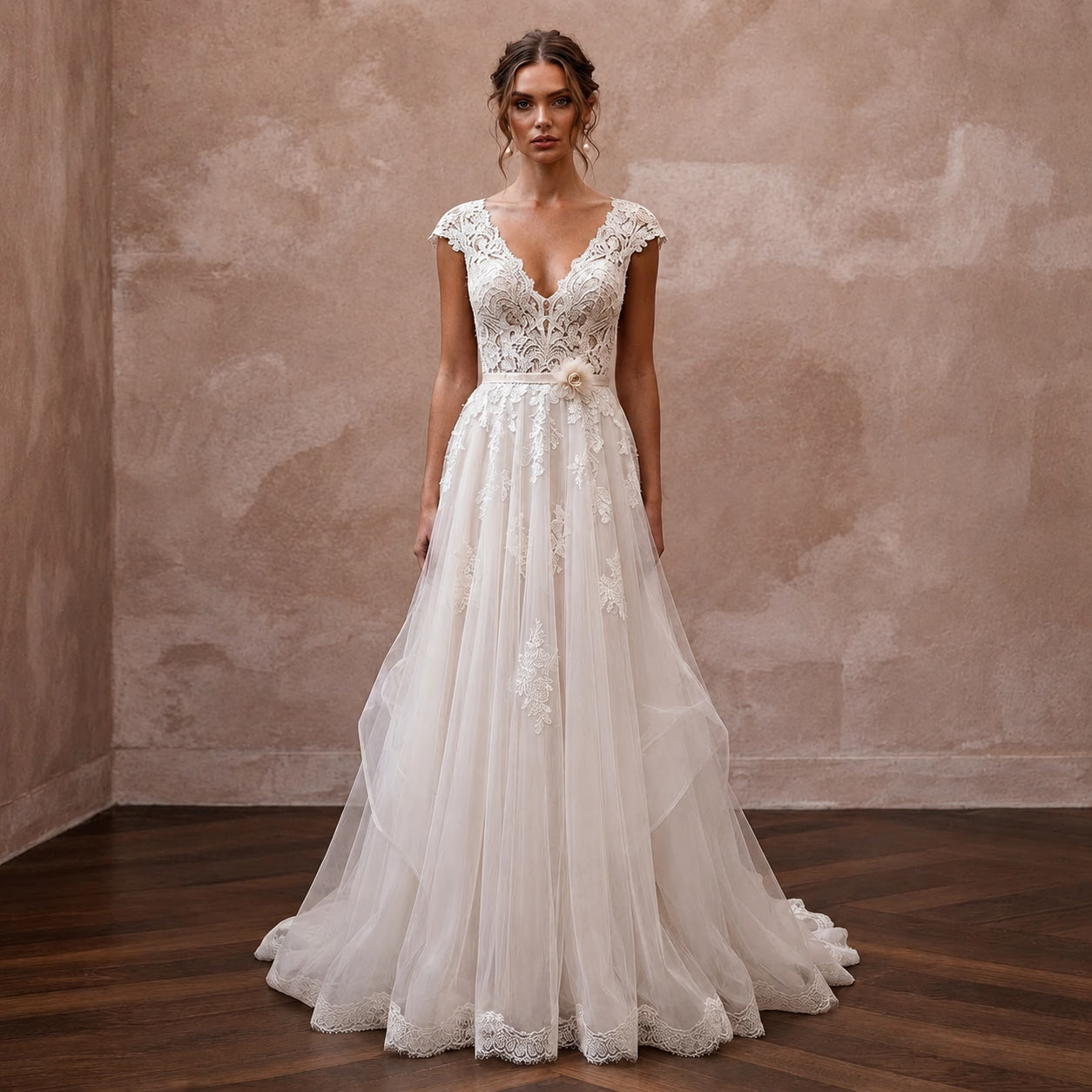 Lace Barn Wedding Dress with V - Neck and Flowing A - Line Skirt - Apparel & Accessories > Clothing > Wedding & Bridal Party Dresses > Wedding Dresses - Mignonette Bridal
