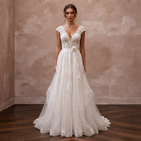 Lace Barn Wedding Dress with V - Neck and Flowing A - Line Skirt - Apparel & Accessories > Clothing > Wedding & Bridal Party Dresses > Wedding Dresses - Mignonette Bridal