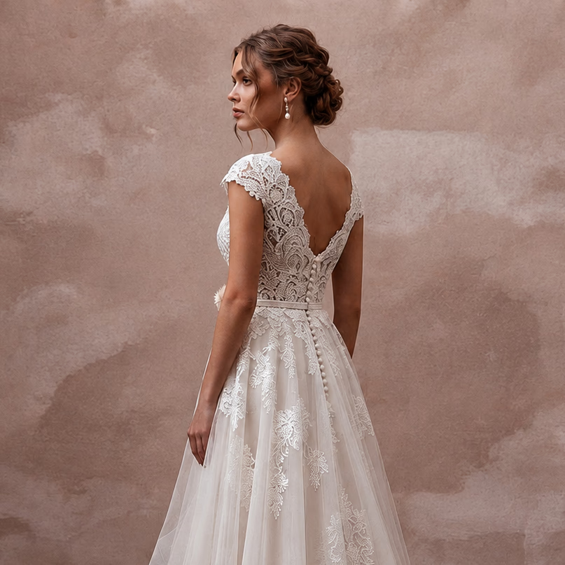 Lace Barn Wedding Dress with V - Neck and Flowing A - Line Skirt - Apparel & Accessories > Clothing > Wedding & Bridal Party Dresses > Wedding Dresses - Mignonette Bridal