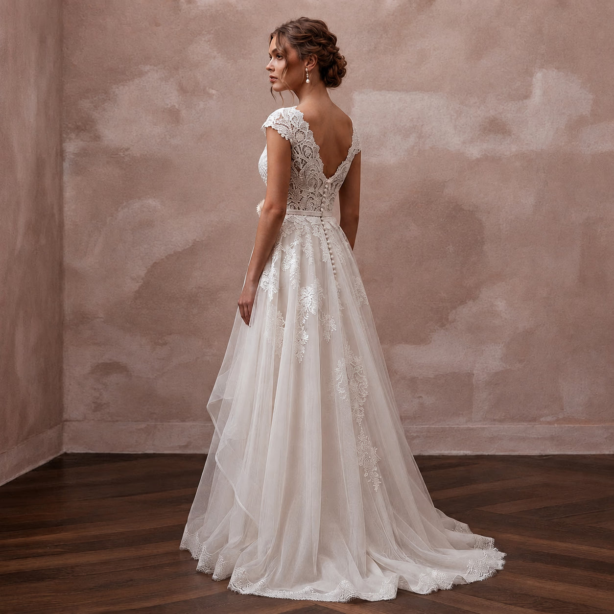 Lace Barn Wedding Dress with V - Neck and Flowing A - Line Skirt - Apparel & Accessories > Clothing > Wedding & Bridal Party Dresses > Wedding Dresses - Mignonette Bridal