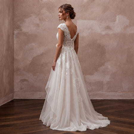 Lace Barn Wedding Dress with V - Neck and Flowing A - Line Skirt - Apparel & Accessories > Clothing > Wedding & Bridal Party Dresses > Wedding Dresses - Mignonette Bridal