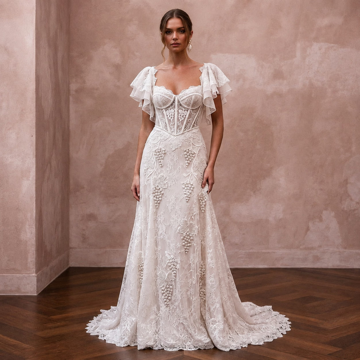 Lace Bridal Dress with Flutter Sleeves for a Winery Wedding
