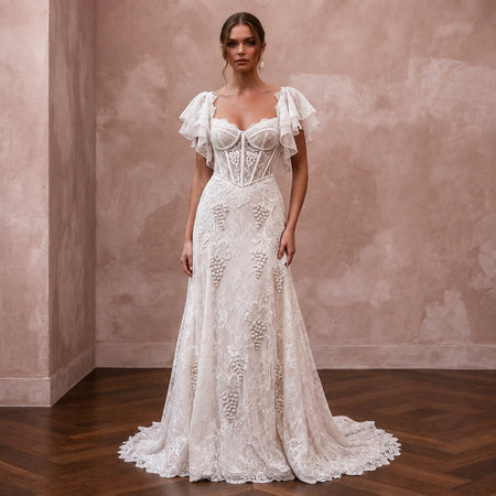 Lace Bridal Dress with Flutter Sleeves for a Winery Wedding