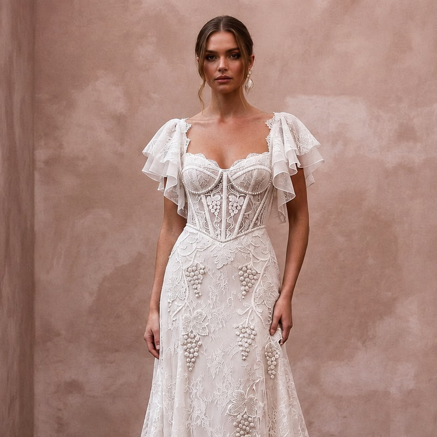 Lace Bridal Dress with Flutter Sleeves for a Winery Wedding