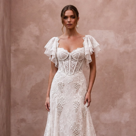 Lace Bridal Dress with Flutter Sleeves for a Winery Wedding