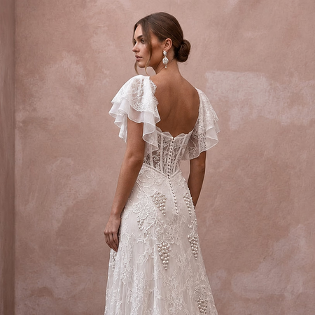 Lace Bridal Dress with Flutter Sleeves for a Winery Wedding