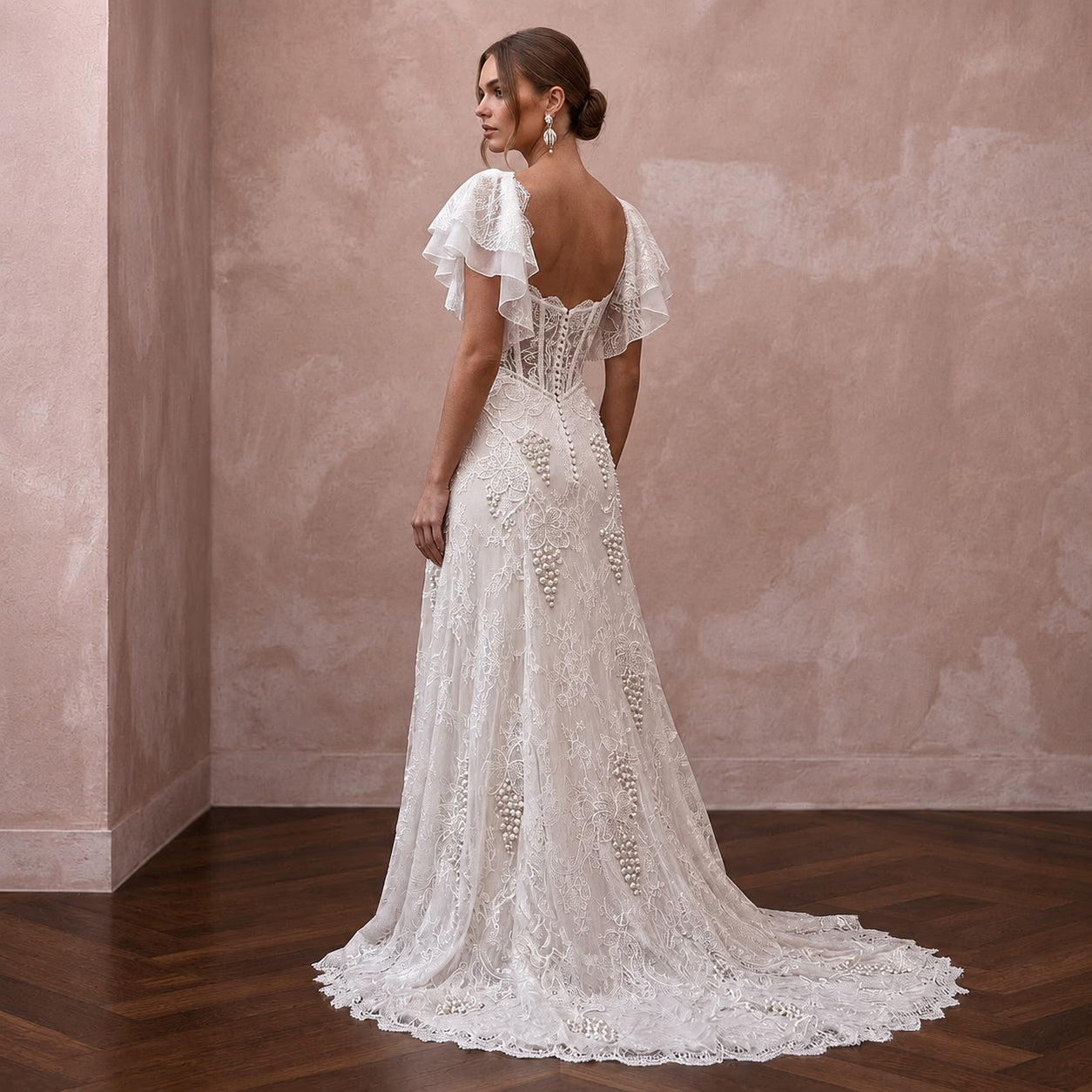 Lace Bridal Dress with Flutter Sleeves for a Winery Wedding