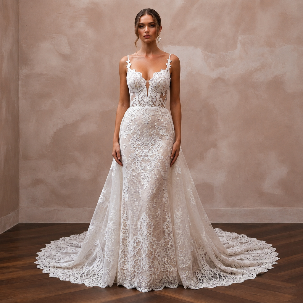 Lace Bridal Reception Gown with Detachable Train - Apparel & Accessories > Clothing > Wedding & Bridal Party Dresses > Wedding Dresses - Mignonette Bridal