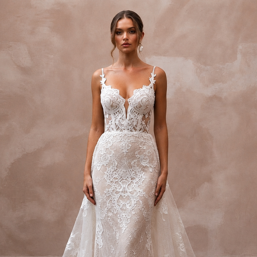 Lace Bridal Reception Gown with Detachable Train - Apparel & Accessories > Clothing > Wedding & Bridal Party Dresses > Wedding Dresses - Mignonette Bridal