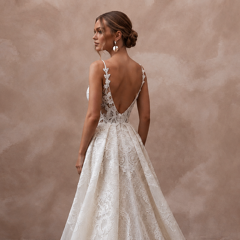 Lace Bridal Reception Gown with Detachable Train - Apparel & Accessories > Clothing > Wedding & Bridal Party Dresses > Wedding Dresses - Mignonette Bridal