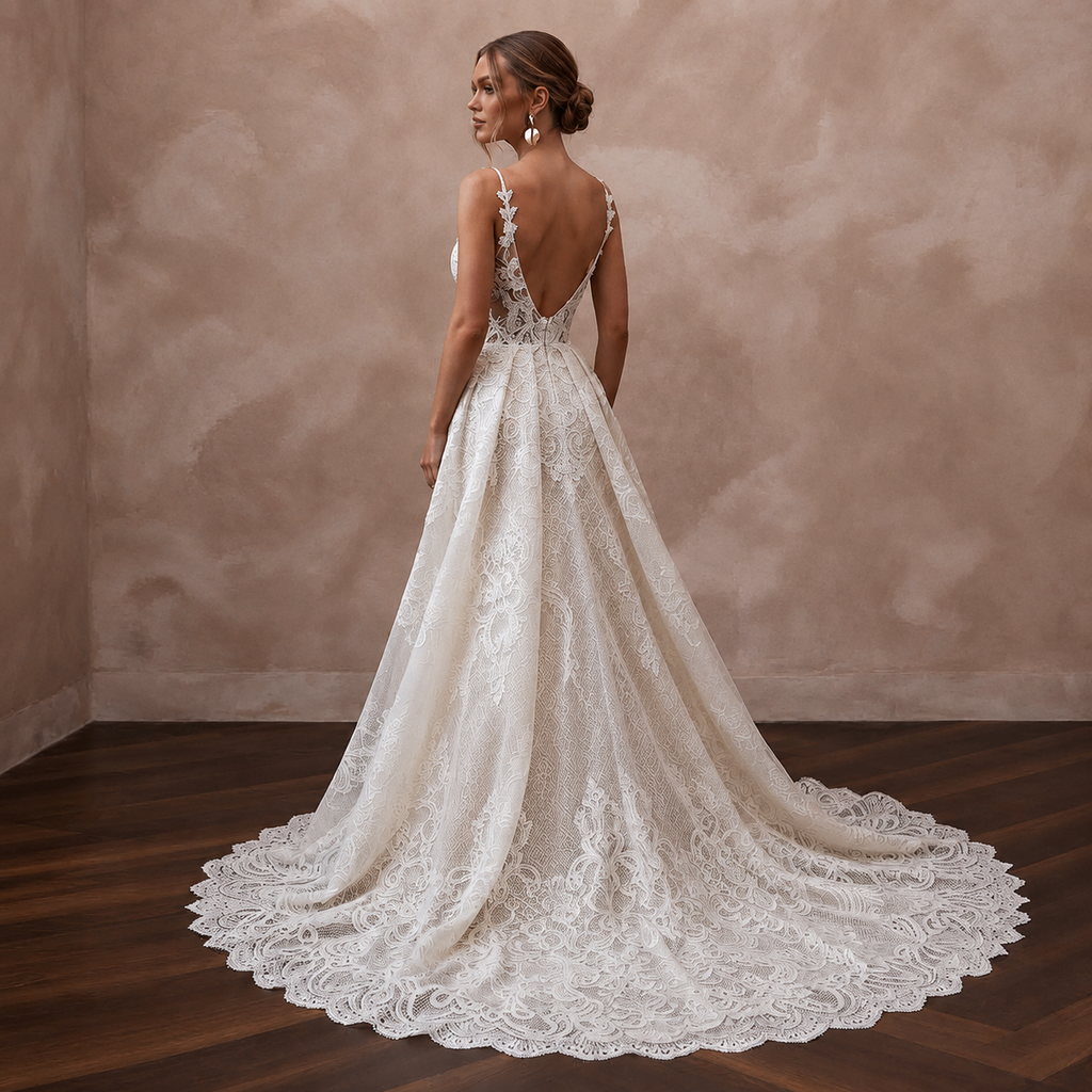 Lace Bridal Reception Gown with Detachable Train - Apparel & Accessories > Clothing > Wedding & Bridal Party Dresses > Wedding Dresses - Mignonette Bridal