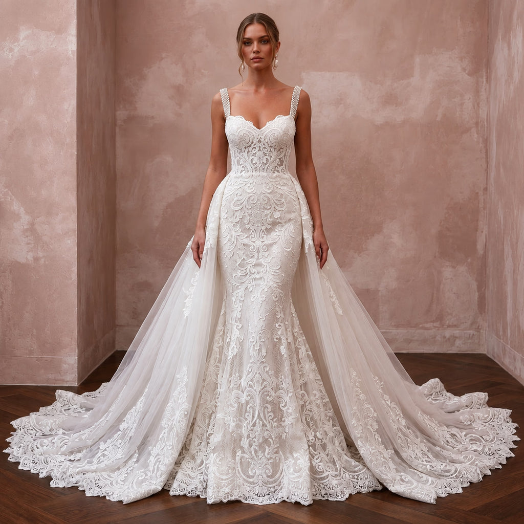 Lace Mermaid Bridal Gown with Detachable Train - Apparel & Accessories > Clothing > Wedding & Bridal Party Dresses > Wedding Dresses - Mignonette Bridal