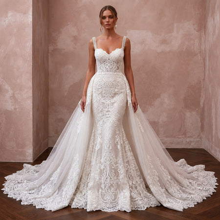 Lace Mermaid Bridal Gown with Detachable Train - Apparel & Accessories > Clothing > Wedding & Bridal Party Dresses > Wedding Dresses - Mignonette Bridal
