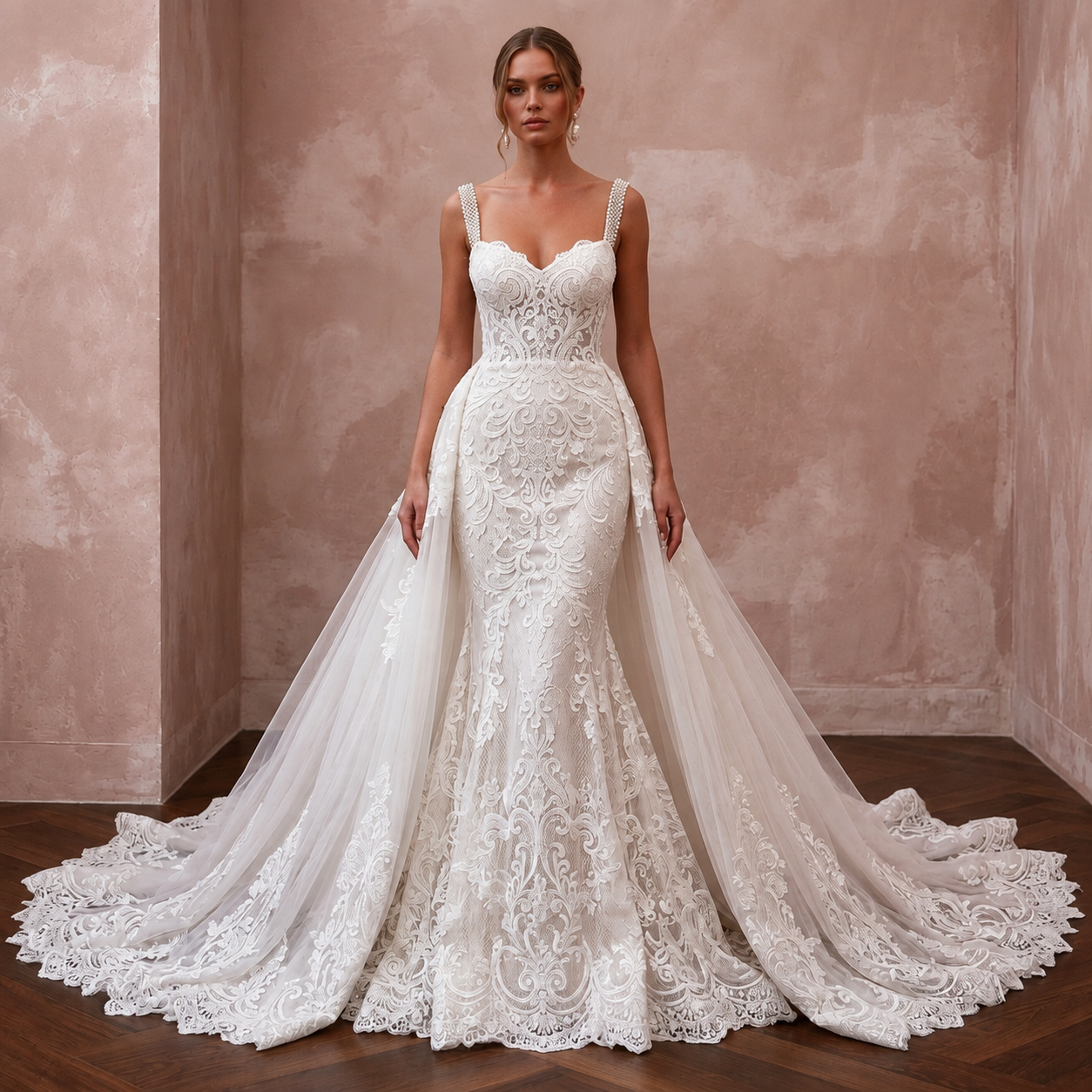 Lace Mermaid Bridal Gown with Detachable Train - Apparel & Accessories > Clothing > Wedding & Bridal Party Dresses > Wedding Dresses - Mignonette Bridal