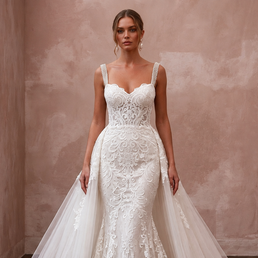 Lace Mermaid Bridal Gown with Detachable Train - Apparel & Accessories > Clothing > Wedding & Bridal Party Dresses > Wedding Dresses - Mignonette Bridal