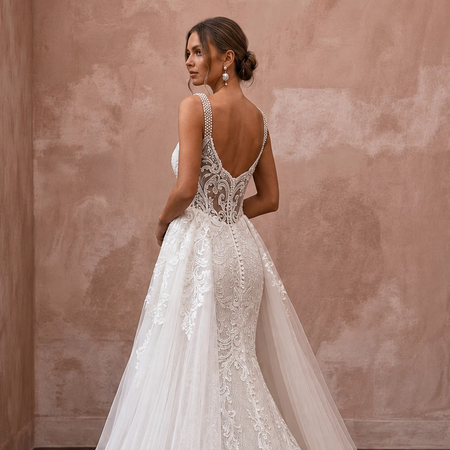 Lace Mermaid Bridal Gown with Detachable Train - Apparel & Accessories > Clothing > Wedding & Bridal Party Dresses > Wedding Dresses - Mignonette Bridal
