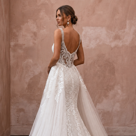 Lace Mermaid Bridal Gown with Detachable Train - Apparel & Accessories > Clothing > Wedding & Bridal Party Dresses > Wedding Dresses - Mignonette Bridal